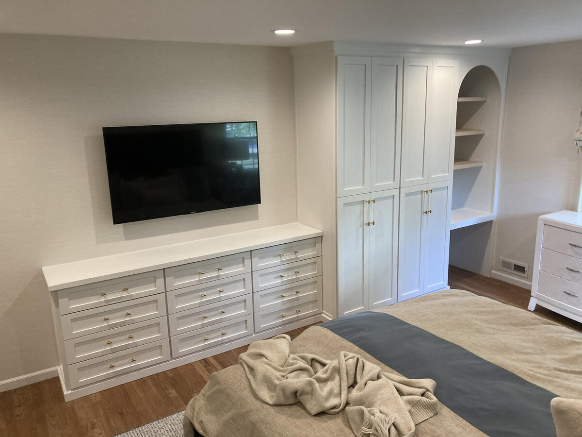 Custom Built-In Drawers w/ Solid Poplar Counter Top, Double Hanging Cabinets, and Desk Nook w/ Solid Birch Floating Shelves