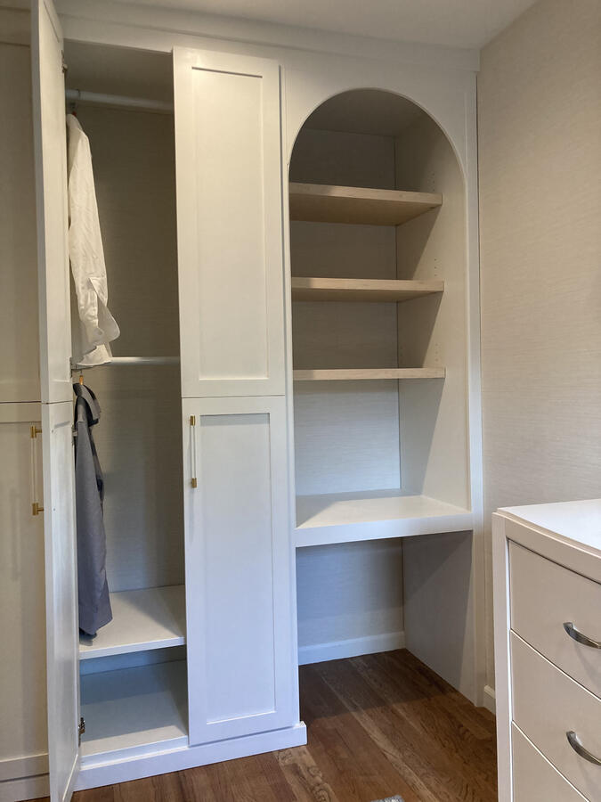 Custom Built-In Drawers w/ Solid Poplar Counter Top, Double Hanging Cabinets, and Desk Nook w/ Solid Birch Floating Shelves