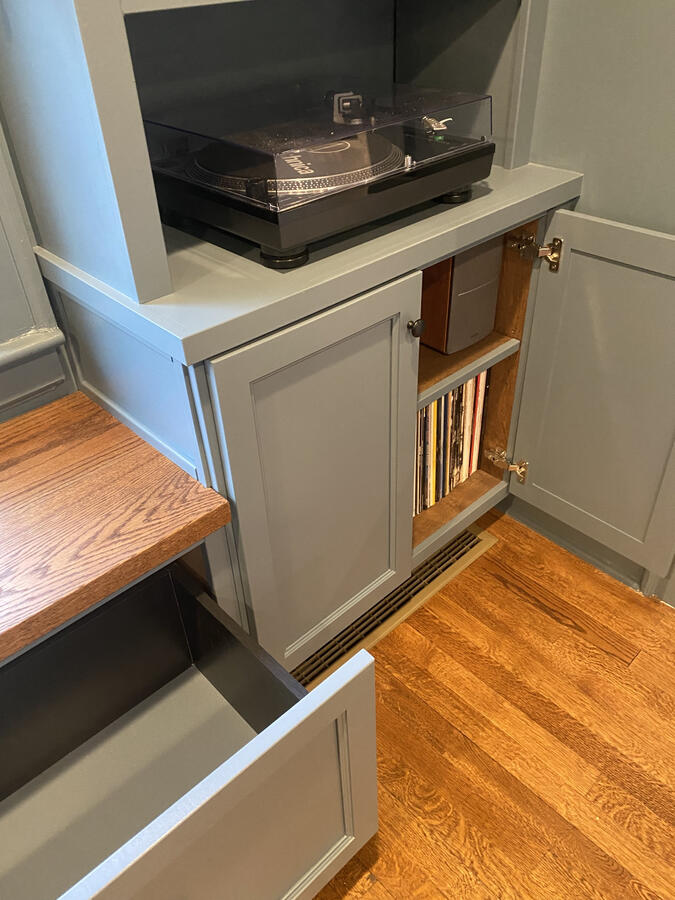 Custom Built-Ins w/ Oak Bench Top, Sconces, and Crown to match existing historic profile