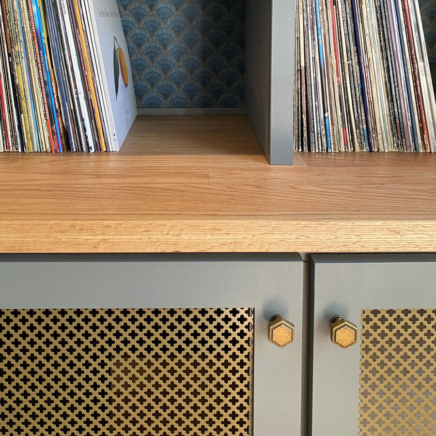 Custom Built-Ins w/ Oak Counter Top, Wallpaper, and Doors w/ Brass Screens
