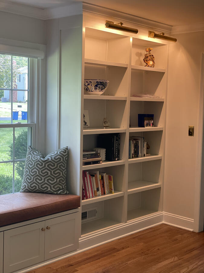 Custom Built-In Bookshelves w/ Window Bench and Lighting