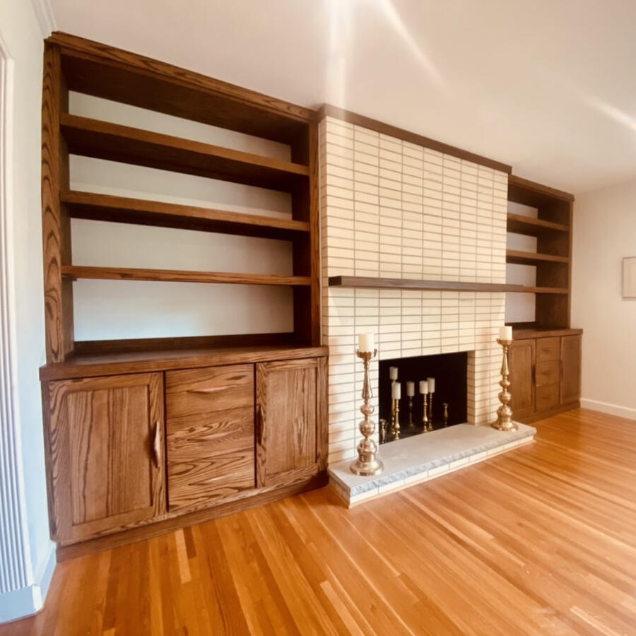 Custom Built-In Solid Oak Cabinets, Shelves, and Mantel