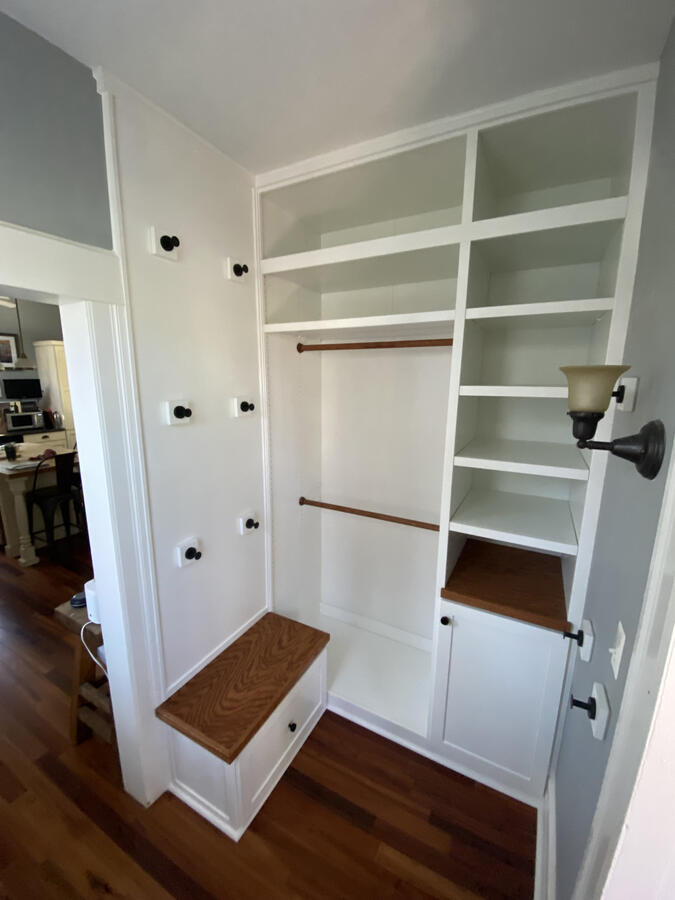 Custom Entry Built-Ins w/ Storage Bench, Wall Hooks, and Solid Oak Counter, Benchtop, Hanging Rods