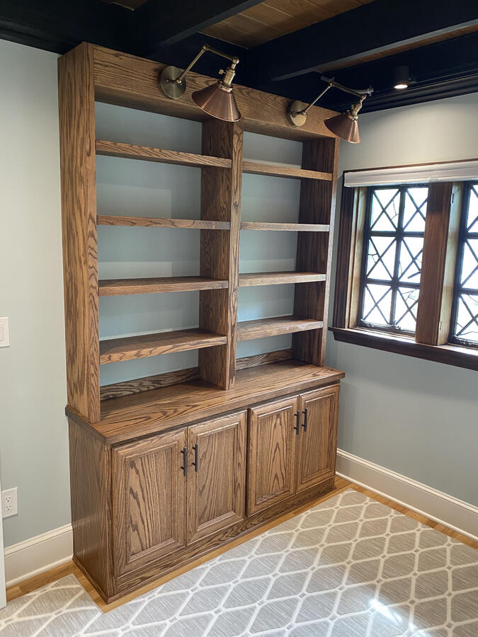 Custom Built-In Solid Oak Office Cabinets + Shelves w/ Lighting