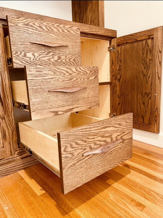 Custom Built-In Solid Oak Cabinets, Shelves, and Mantel