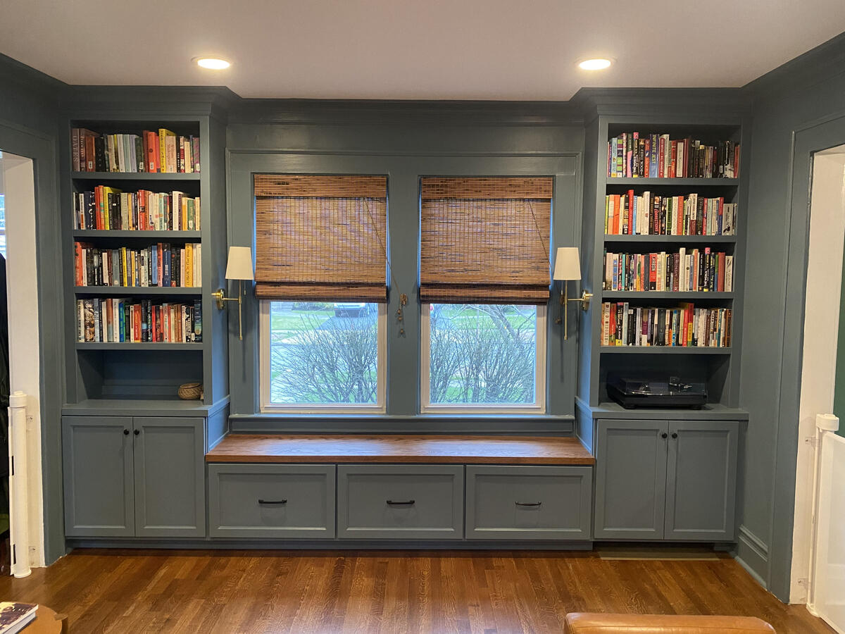 Custom Built-Ins w/ Oak Bench Top, Sconces, and Crown to match existing historic profile