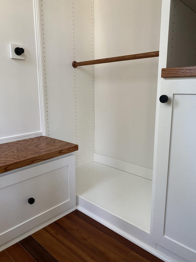 Custom Entry Built-Ins w/ Storage Bench, Wall Hooks, and Solid Oak Counter, Benchtop, Hanging Rods