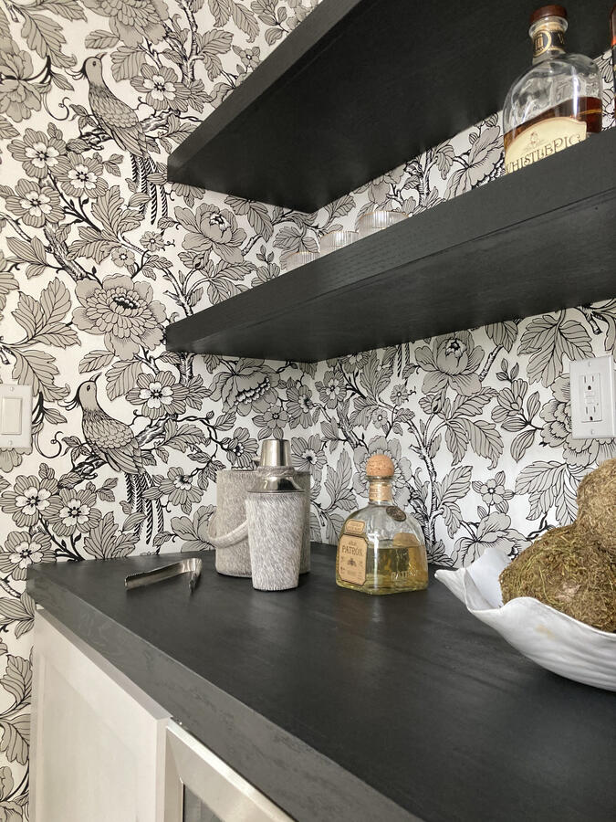 Custom Built-In Cabinets w/ Wine Cooler, Solid Oak Counter Top + Floating Shelves, and Wallpaper