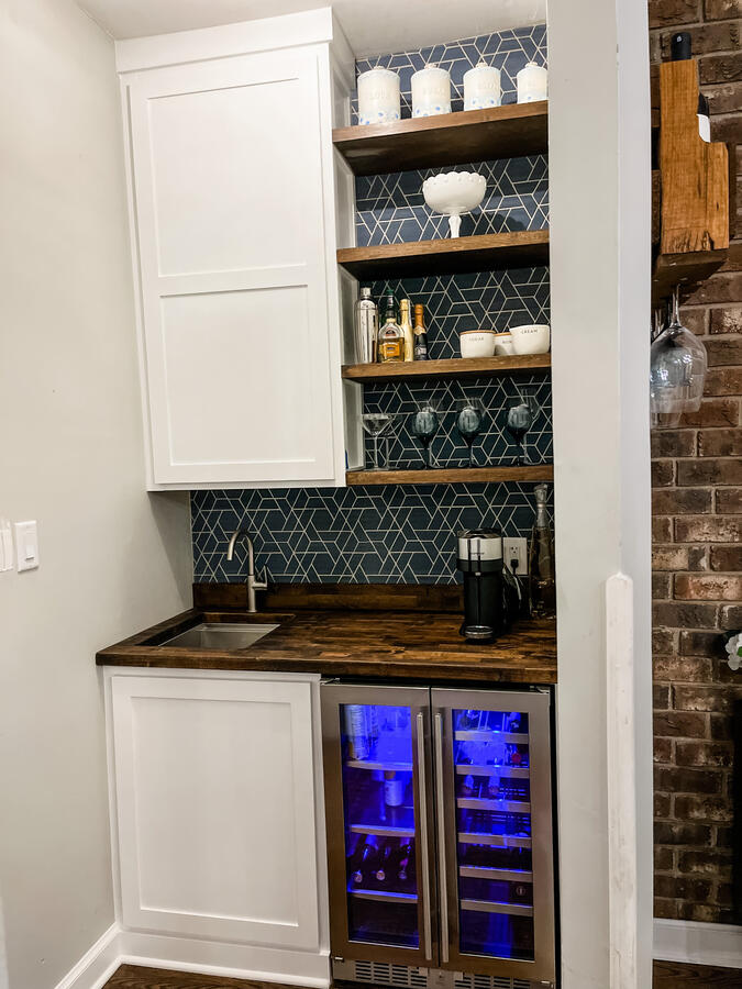 Custom Built-In Bar w/ Butcher Block Counter Top + Shelves, and Wallpaper
