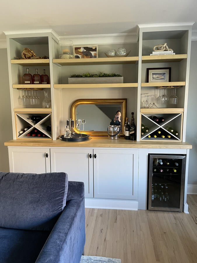 Custom Built-In Cabinets w/ Wine Cooler, and Solid Poplar Counter Top + Shelves