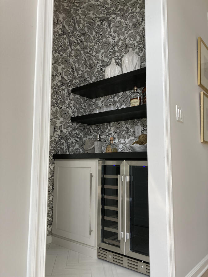 Custom Built-In Cabinets w/ Wine Cooler, Solid Oak Counter Top + Floating Shelves, and Wallpaper