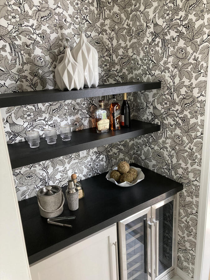 Custom Built-In Cabinets w/ Wine Cooler, Solid Oak Counter Top + Floating Shelves, and Wallpaper