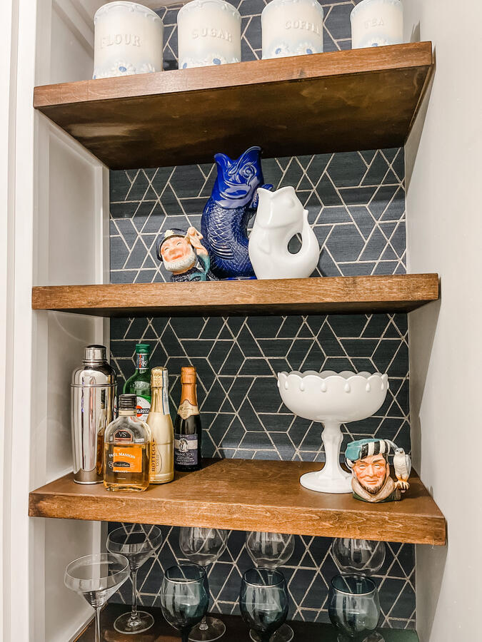 Custom Built-In Bar w/ Butcher Block Counter Top + Shelves, and Wallpaper