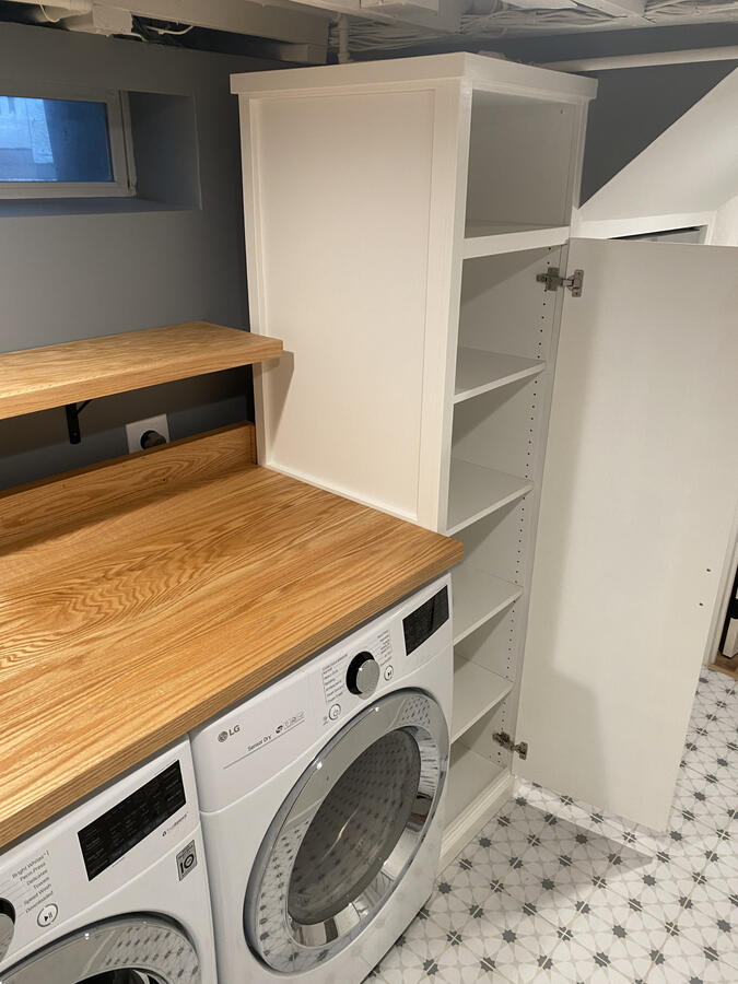 Custom Solid Oak Counter Top + Floating Shelf, and Built-In Shelving Unit
