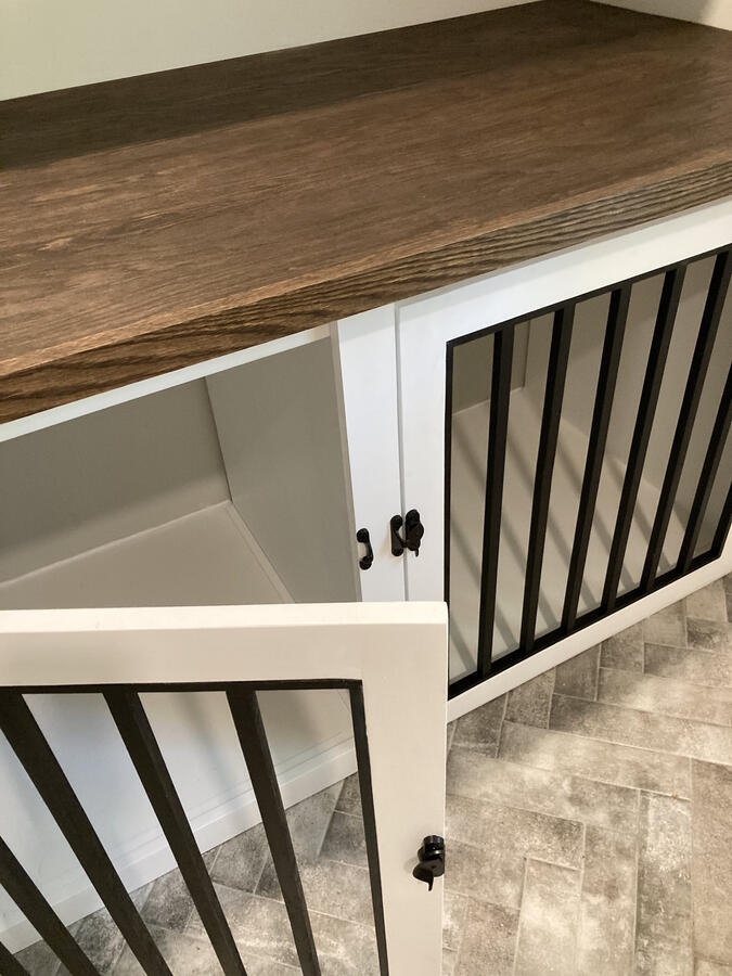 Custom Built-In Dog Enclosure w/ Solid Oak Counter Top, Removable Divider Panel, and Floating Shelves