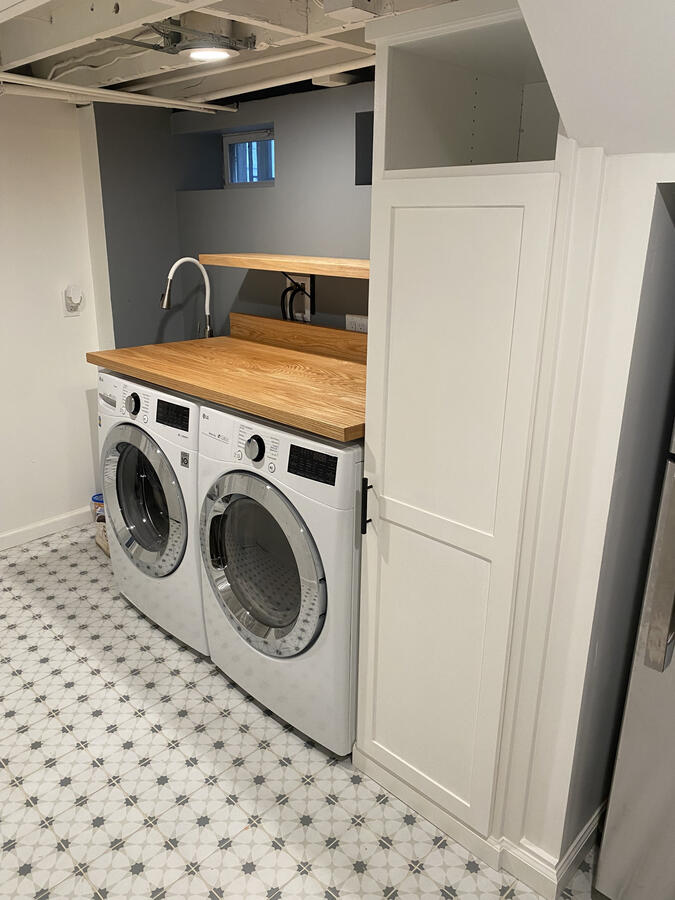 Custom Solid Oak Counter Top + Floating Shelf, and Built-In Shelving Unit