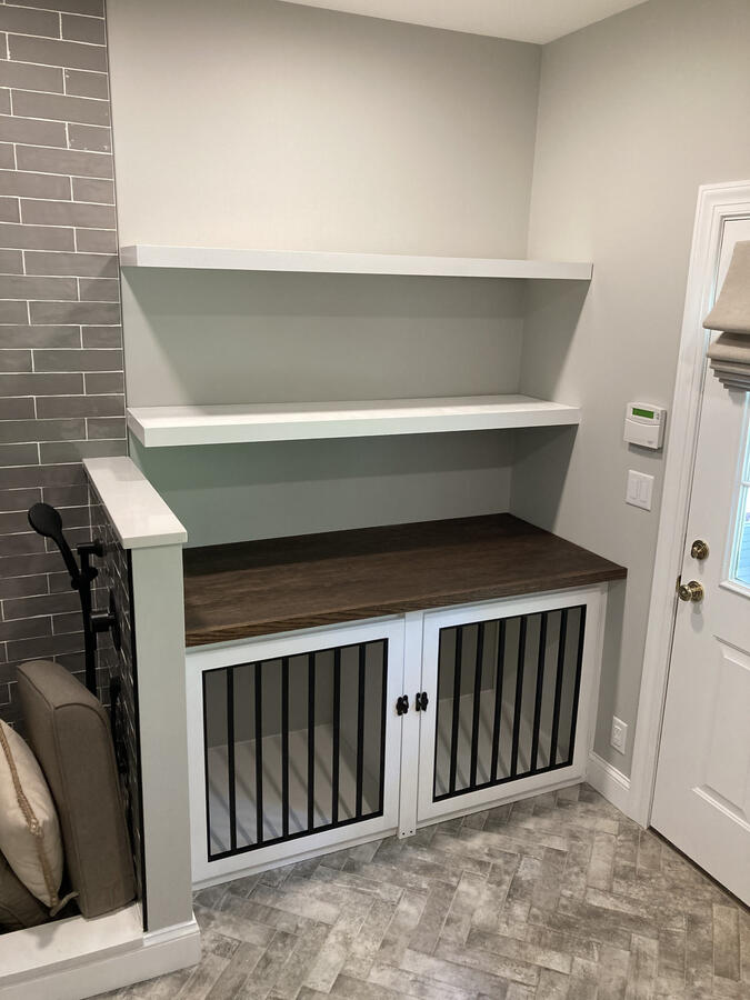 Custom Built-In Dog Enclosure w/ Solid Oak Counter Top, Removable Divider Panel, and Floating Shelves