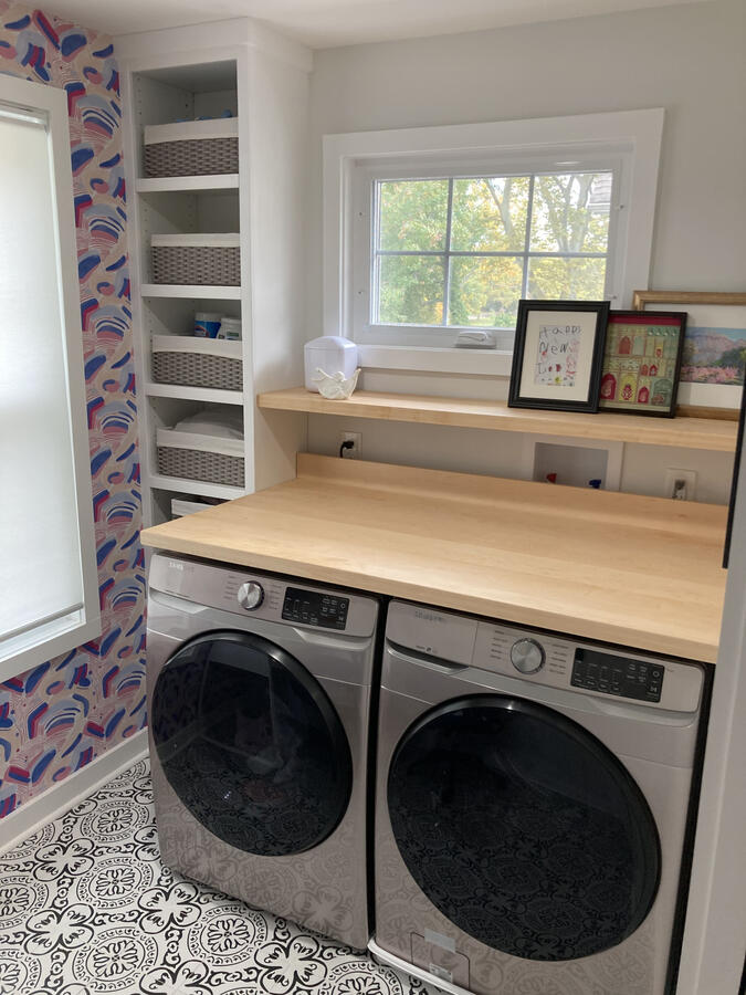 Custom Solid Maple Counter Top + Floating Shelf, Built-In Shelving Unit, Wallpaper, and Floating Shelves